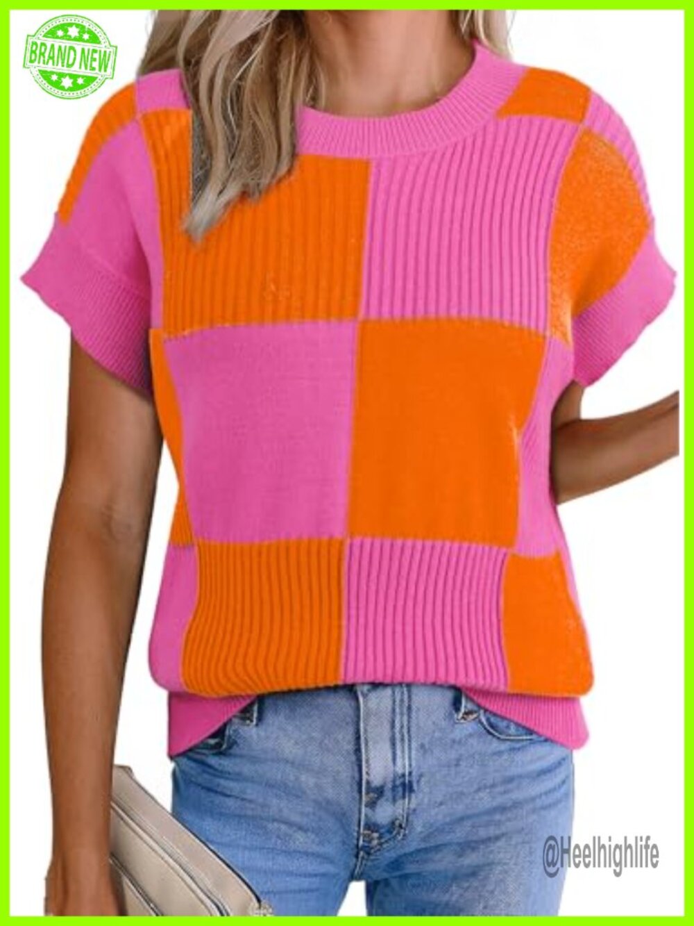 Short Sleeve Sweater Vest Women Color Block Knit Pullover